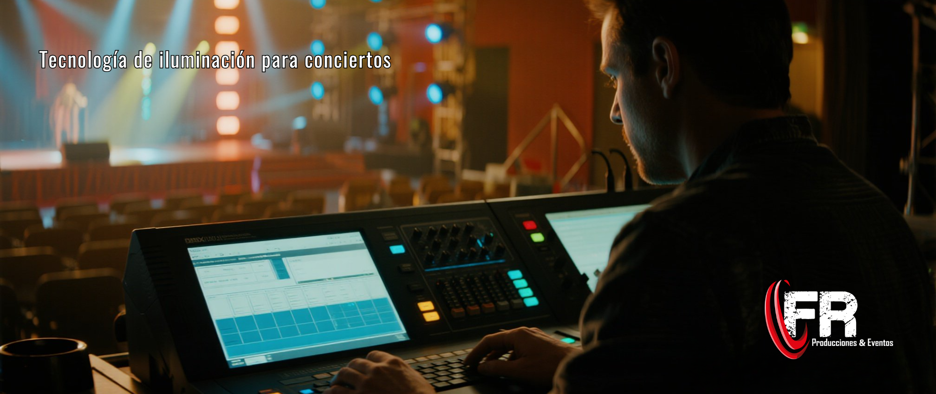 Técnico operando consola DMX de luces LED inteligente